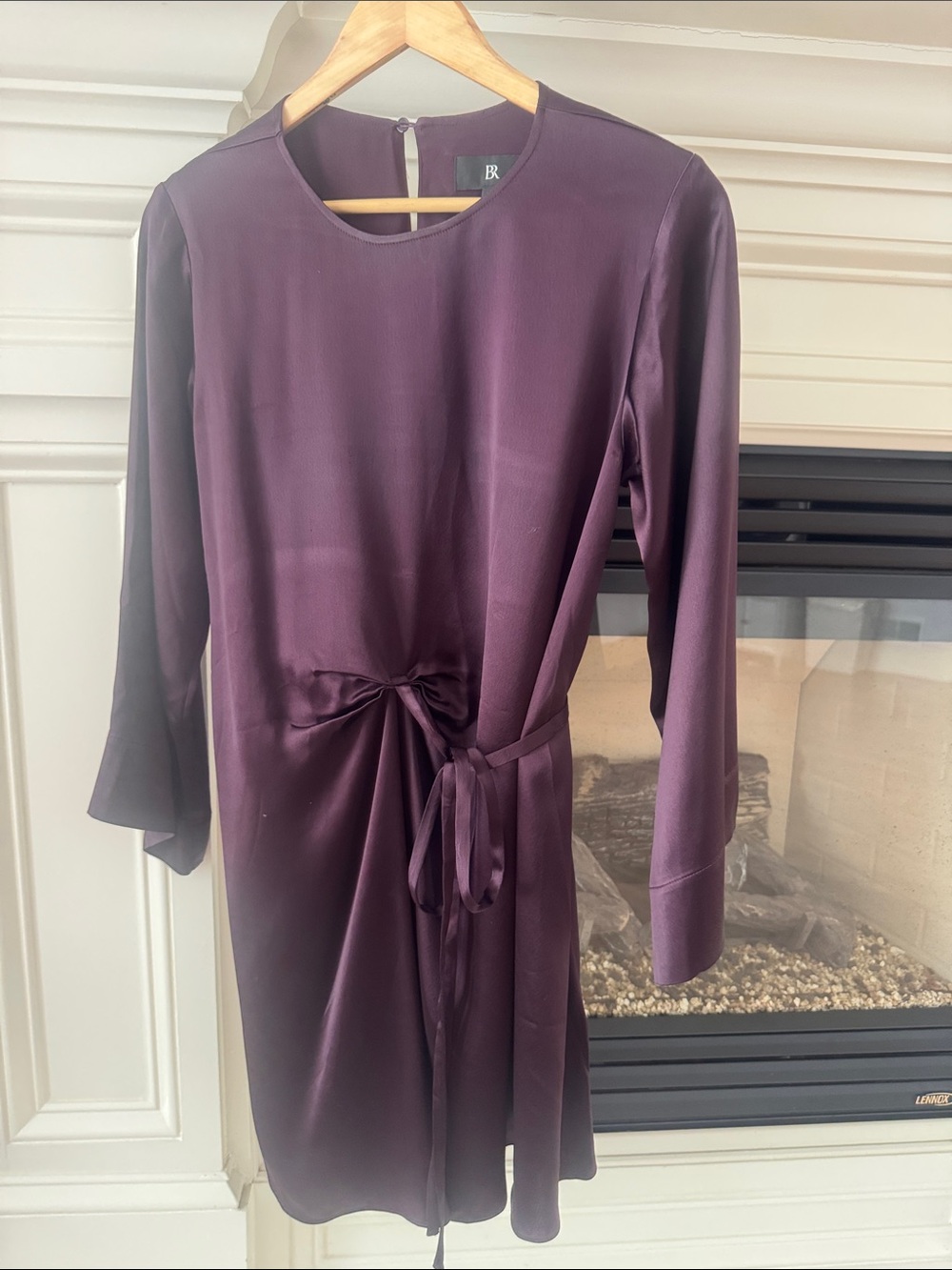 Elegant BR Satin Long-Sleeve Tie-Waist Dress in Deep Plum